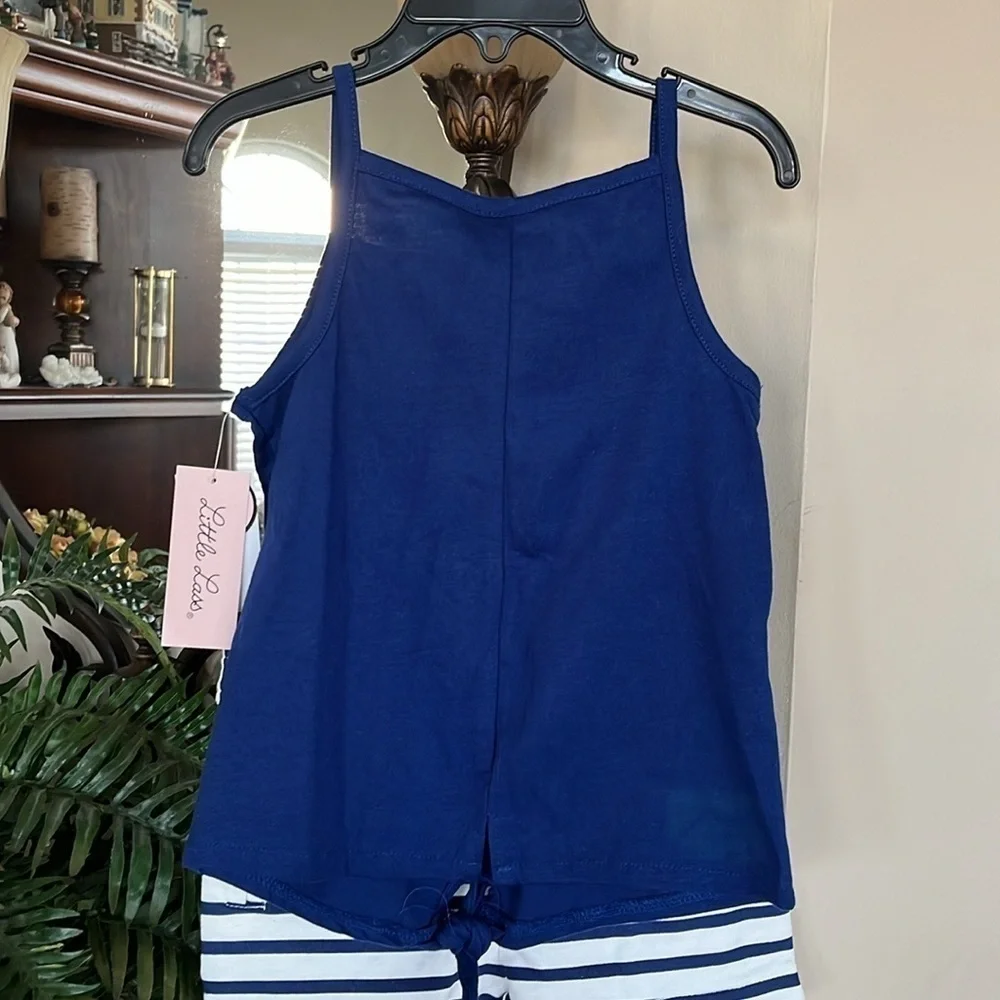 Brand New Little Lass 2-Piece Set Nautical Navy Blue Tank Top & Striped Shorts